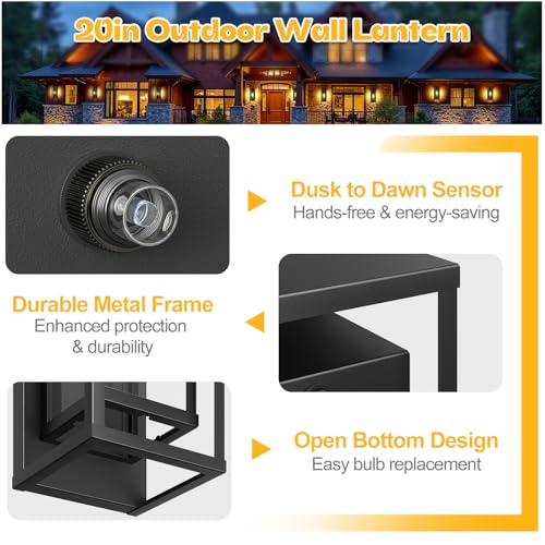 Image of 20in Large Outdoor Wall Light Dusk to Dawn Sconce Exterior Lighting Fixture