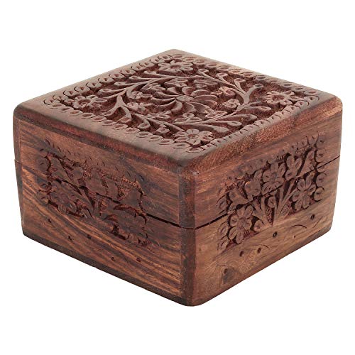 Zap Impex Unique Artisan Traditional Hand Carved Rosewood Jewellery Wooden Box (4 Inch)