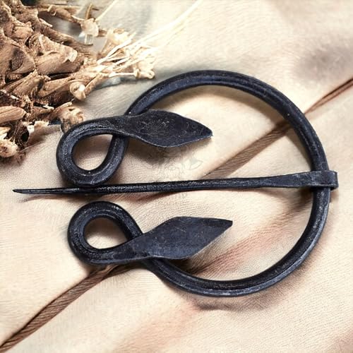 Image of Viking Traders Vintage Brooch Black Iron Hand-Forged Double Leaf Brooch Medieval Viking Costume Accessory Viking Knotted Fibula Cloak Pin - Black