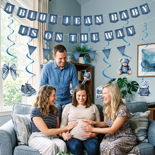 Image of Blue Jean Baby Shower Decorations - 11 Pcs a Blue Jean Baby is on The Way Banner Hanging Swirls Party Decorations, Denim Cloth Bear Baby Shower Decor Supplies for Kids Boys