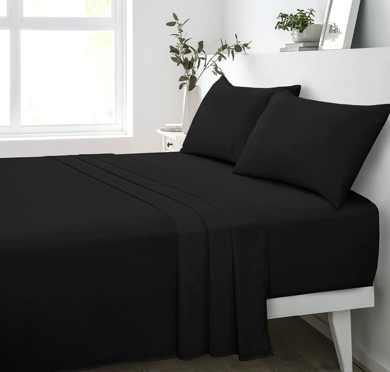 180 Thread Count 100% Pure Cotton Percale Flat Sheet (Black, King: 254x265cm)