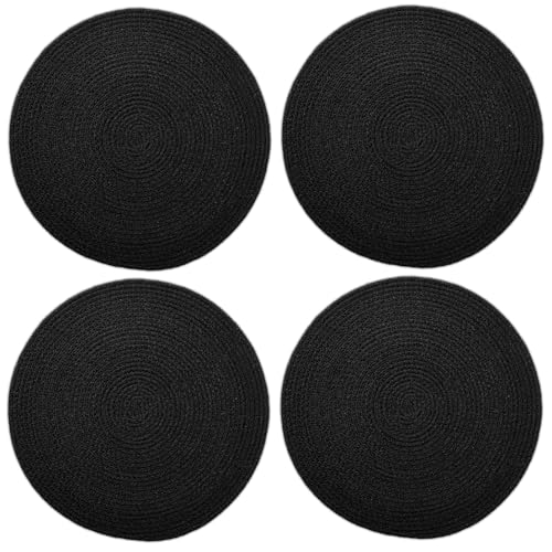 Image of Dining Table Mats Set of 4 | Cotton Table Mat 32 cm Diameter, Encasa XO Washable Round Table Mats, Heat Resistance Dining Table Placemats, Handmade Ribbed Style for Centre Table, Black