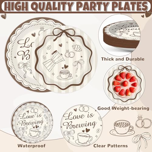 Image of 96Pcs Love Is Brewing Bridal Shower Decorations Brown Coffee Paper Plates and Napkin Love Is Brewing Party Tableware Set Bachelorette Engagement Anniversary for Wedding Serves 24 Guests