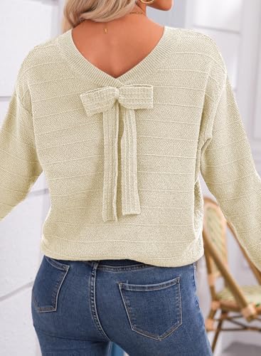 Image of EVALESS Sweaters for Women Long Sleeve Fall Outfits 2026 Back Bow Knot Sweaters Round Neck Solid Knit Pullover Tops