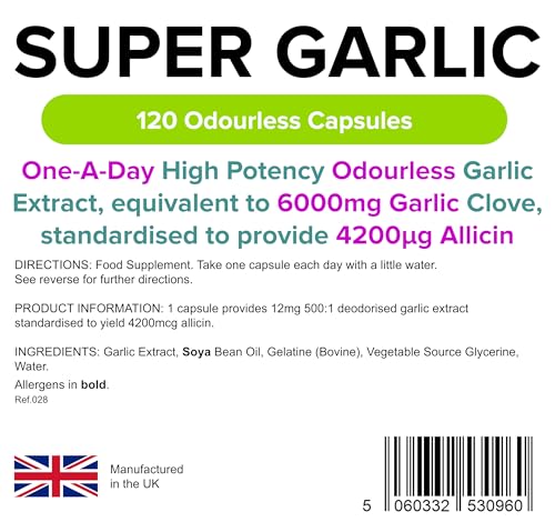 Lindens Hochdosierte Super-Knoblauch 6000 mg Kapseln | 120 Verpackung | Hochdosierter, geruchsloser Knoblauchextrakt, entspricht 6000 mg Knoblauchzehen in jeder Tageskapsel, standardisiert mit 4200 μg Allicin