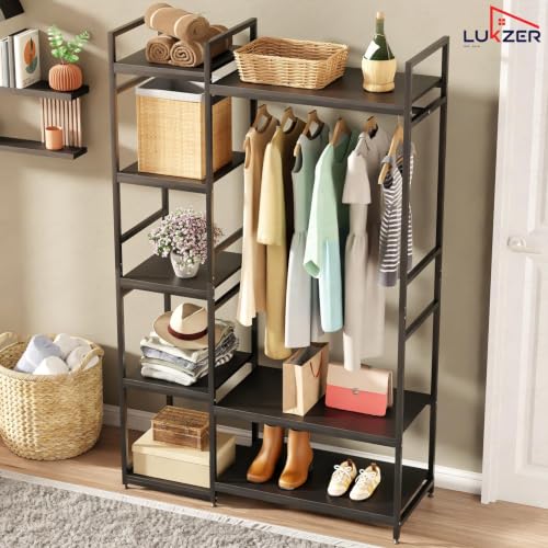 Image of Lukzer Heavy Duty Garment Rack with 8 Shelves & Hanging Rod | Free-Standing Modern Clothes Stand Metal & Engineered Wood Shoe Rack with Adjustable Foot Pads for Living Room - MMR-004 /Black & Black