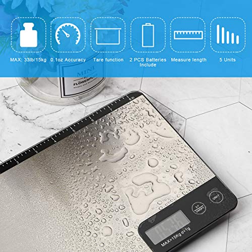 Amiloe Max 33Lb Kitchen Scale With Measure Length(8Inch), Food Scales Digital Weight Grams And Oz With Shrink Hook, 6 Units, Tare Function, High Precision To 1G/0.1Oz For Baking And Cooking #TOP1