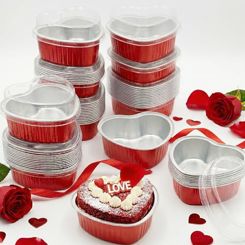100 Pcs 3.4 oz Aluminum Heart Shaped Cake Pans With Lids Foil Baking Cups