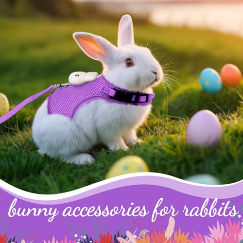 Image of Easter Bunny Costume Rabbit Harness and Leash Set with 2 Cute Decorations Bunny Clothes Adjustable Buckle Breathable Mesh Vest Harness for Rabbits Ferret Small Pig Puppy(Purple,Fresh Pattern)