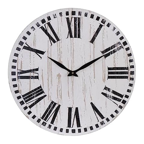 24-Inch Wood White Rustic Farmhouse Silent Non-Ticking Battery Operated Large Decorative Wall Clock with Roman Numerals Cover