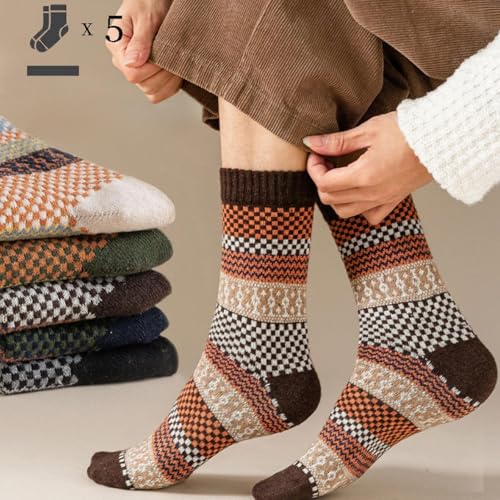 Calf Socks for Men 5 Pairs Vintage Color Printed Pattern Winter Cotton Thick Warm Casual Dress Argyle Striped4