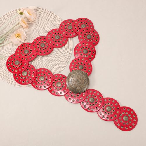 Image of WERFORU Women Wide Western Disc Belt Cowgirl Boho Leather Belt for Jeans Dress