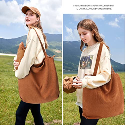 Eimmbd Corduroy Tote Bag For Women - Women's Tote Handbags Shoulder Bag Tote Bag With Pockets For School Office Shopping Travel Work (Brown) #TOP2