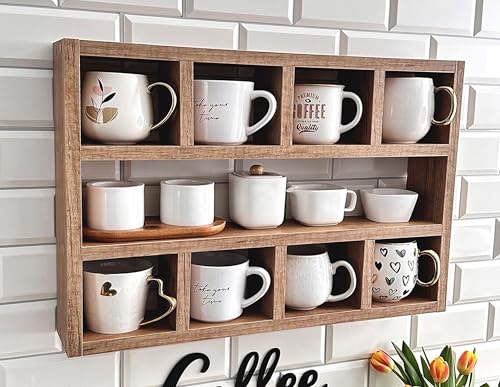 Image of Hamdan Collection Wall Mounted Mug Shelf - Coffee Cup Storage - Kitchen Wall Rack - Floating Cup Organizer - Rustic Coffee Bar Shelf (9 Comp)