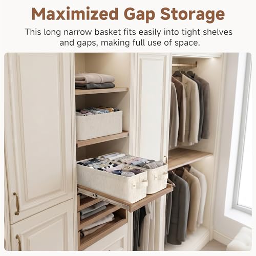 StorageWorks Narrow Storage Bins, Small Basket for Closet and Shelves, Fabric Organizer with Handles, Toilet Paper Storage, Beige, Cotton Linen, 2-Pack - Image 3
