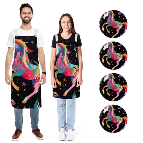 Tablier de cuisine en lin premium au motif artistique de licorne avec poches