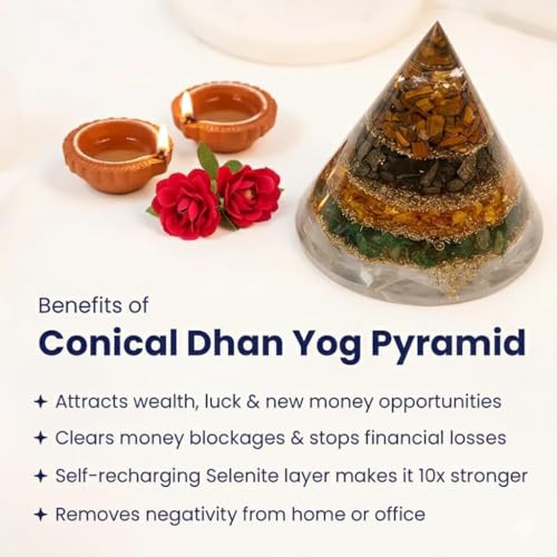Image of Certified Conical Dhanyog Crystal Pyramid with Selenite Base | 5-in-1 Money Magnet Pyramid with Pyrite Citrine Green Jade Tiger Eye & Selenite | Wealth Prosperity Vastu Decor for Home Office