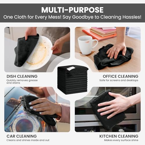Image of SIFANGKE Microfiber Cleaning Cloth, 12 Pack Lint-Free and Highly Absorbent Rags, Black Reusable Microfiber Towels for Car, Kitchen, Bathroom and Household Cleaning Supplies, 11.8 inchX11.8 inch