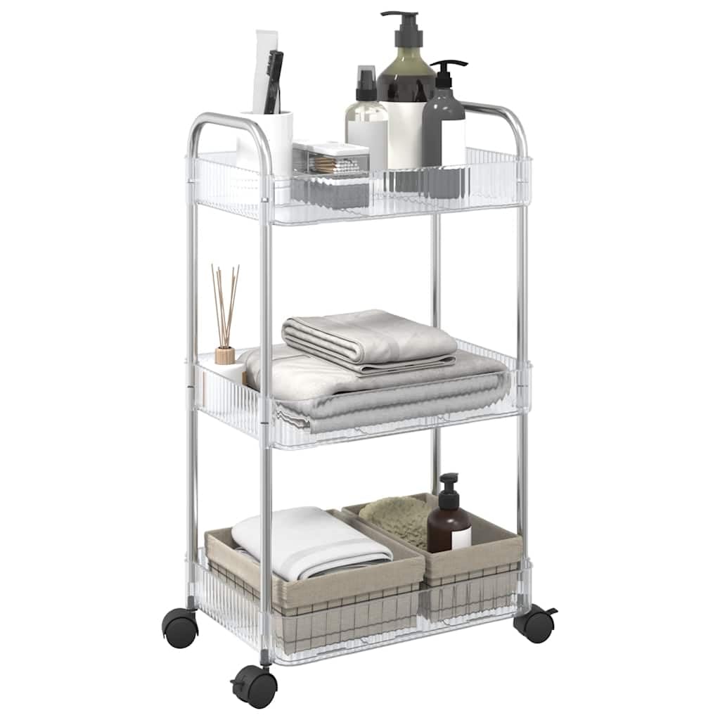 Aufbewahrungswagen 3 Etagen transparent 37x28x68 cm Acryl Edelstahl rollbar mit 4 Rädern für Haushalt, Büro, Lager, Garten, Umzug, Treppensteiger, Klappkarre, leicht, robust, vielseitig