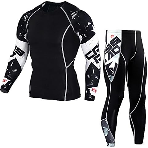 1Bests Men's Running Long Sleeve Compression Shirts and Pants Sets Gym Workout Quick Dry Tight Shirts Sportswear Suits (M, White Sleeve) Cover