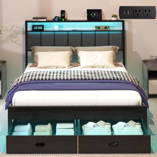 Image of Queen Bed Frames with Storage Drawer, Platform Bed with Charging Station and LED Lights, Upholstered Headboard with 2-Tier Storage Shelves, No Box Spring Needed