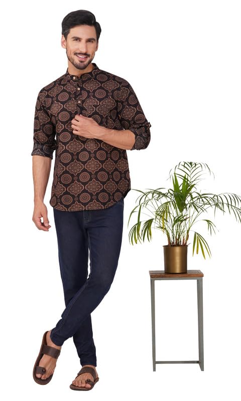 Image of Vastraa Fusion Men's Handloom Weaving Pure Cotton Short Kurta, Round Collar, Full Sleeves,Button Kurta, Ethnic Wear