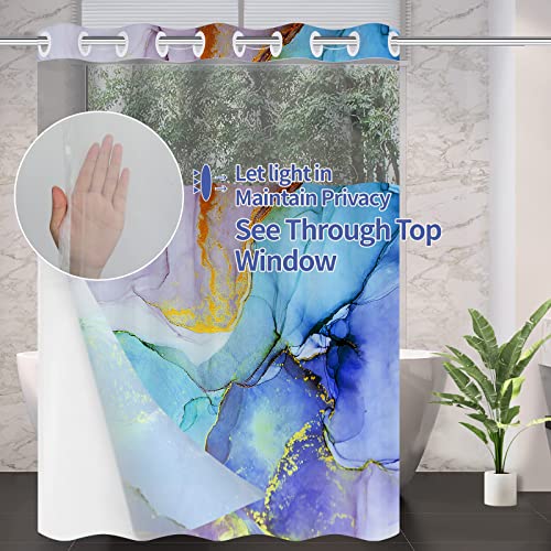Rezaymrs Marble Shower Curtain No Hooks, 71X74 Inch Waterproof Purple And Blue Texture Gold Stripes Shower Curtains With Snap In Fabric Liner, Sheer Top Window, Double Layer Modern Shower Curtains Set #TOP4