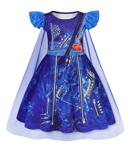 Jurebecia Descendants Costume for Girls Evie Costume with Mesh Cape Descendants Dress Up for Girls World Book Day Costumes for Girls Halloween Chrismas Dark blue 8-9 Years