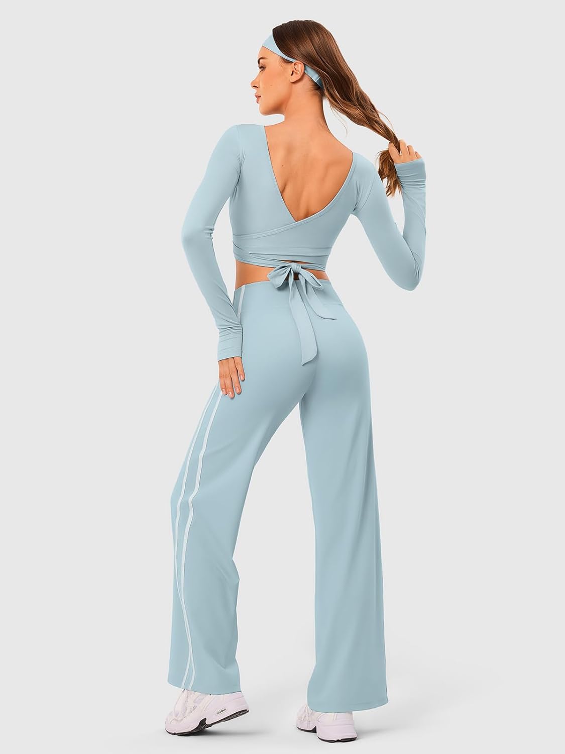 Pilates Wrap Top for Women, Cropped Workout Tie Tops with Long Sleeve & V Neck, Slim Fit Yoga Layering Shirts - Image 2