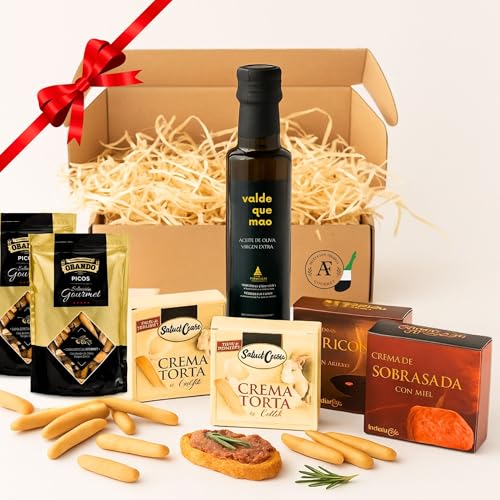 Cesta Gourmet para Regalar ACROL, Aceite oliva virgen extra 250 ml, cremas torta Oveja y Cabra, paté iberico, sobrasada con miel y picos artesanos, regalo cumpleaños mujer, regalos para hombres