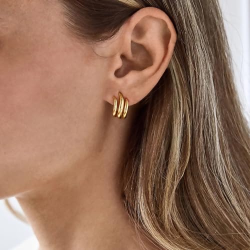 Image of Obidos 14K Gold Plated Illusion Stud Earrings for Women | Triple Huggie Hoop Earrings for One Hole| Trendy Simple Hypoallergenic Fashion Accessories Gold Jewelry Gifts for Womens