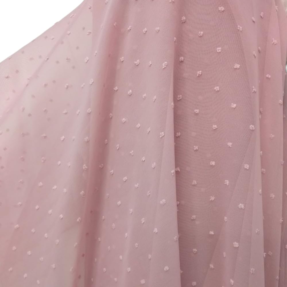 Wambere 500cm x 150cm Tüllstoff Chiffonstoff mit kleinen Pompons,Tüll Dekostoff Kleiderstoff Meterware Tülldekoration Bekleidungsstoff für Nähen DIY Handwerk Hochzeit Kleidungsdekoration,Altrosa