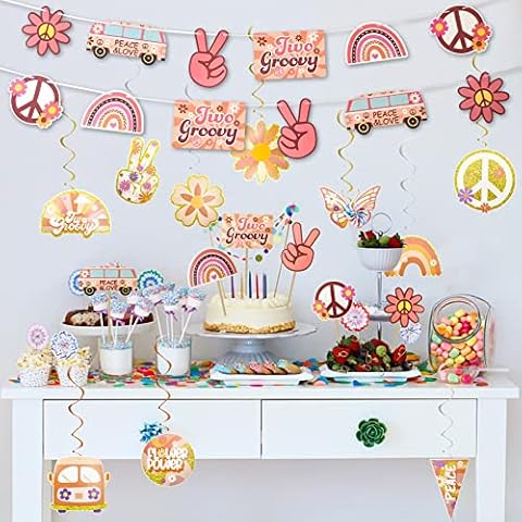 Lianxuia 24PCS Groovy Birthday Party Set with Table Centerpieces, Groovy Party Banner, Hanging Swirls, Table Toppers Photo Props for Boho Hippie Party Decoration Cover