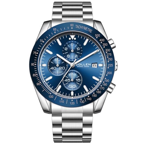 SOLLEN Mens Chronograph Watches, Analog Quartz Watch for Men, Big Face Stainless Steel Watch with Calendar, 30M Waterproof Business Work Casual Dress Designer Mens Wrist Watches, Elegant Gifts for Men