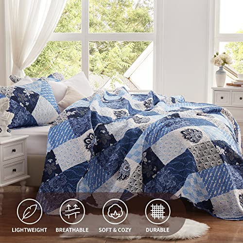 Full/Queen Size Quilt Set 3 Pieces Lightweight Reversible Bedspread-90''x98'' Soft Patchwork Floral Coverlet Luxurious Warm Microfiber Bed Cover All Seasons Blue Bedding Set(1 Quilt,2 Pillow Shams)