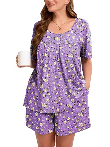 AusLook Women's Plus Size Pajama Sets Short Sleeve Top and Shorts Purple Chrysanthemum 1X Casual Comfy Soft Ladies Short Pajamas Set Loungwear Sleepwear Pjs Set 2 Piece Lounge Set with Pockets