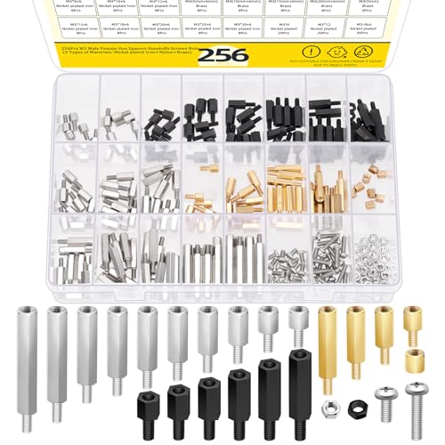 Mardatt 256Pcs M3 Male Female Hex Spacer Standoff, Nickel Plated/Brass/Nylon Hex Spacer Standoff Screw Nut Assortment Kit, Metric Male-Female Threaded Hex Standoff for Fixing Circuit Board
