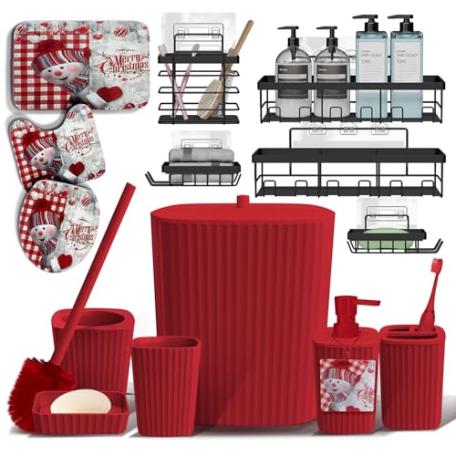 Clara Clark Bathroom Set - Christmas Bathroom Accessories Set, 14PC Bathroom Accessory Set, Christmas Bathroom Sets with Bathroom Rugs, Adhesive Corner Shower Caddy Hanging, Toilet Brush & Trash Can