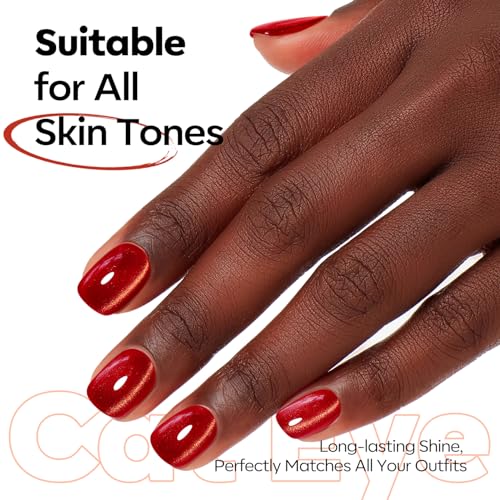 Image of modelones Red Cat Eye Gel Nail Polish Glod Magnetic Glitter Holographic Red Ruby Gel Polish Reflective Jelly Translucent UV Gel Manicure 15 ML