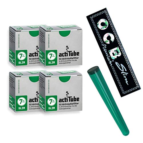 actiTube - Lote de 200 filtros de carbón activo Slim (7,1 m, 4 paquetes de 50 unidades), con funda para cigarrillos liados de Kogu de regalo y papelillos Slim de OCB
