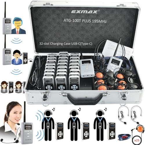 Sistema Inalámbrico de Transmisión de Audio para Guías Turísticos EXMAX ATG-100T PLUS 195 MHz (2 Transmisores y 25 Receptores, Estuche de Carga USB-C de 32 Ranuras) miniatura 1