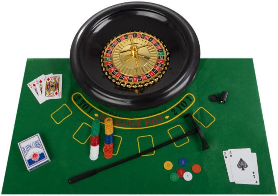 Roulette Wheel Set – 16-Inch Gambling Wheel with Reversible Roulette and Black Jack Table Cotton, Chips, 2 Decks of Cards, and More by Trademark Poker