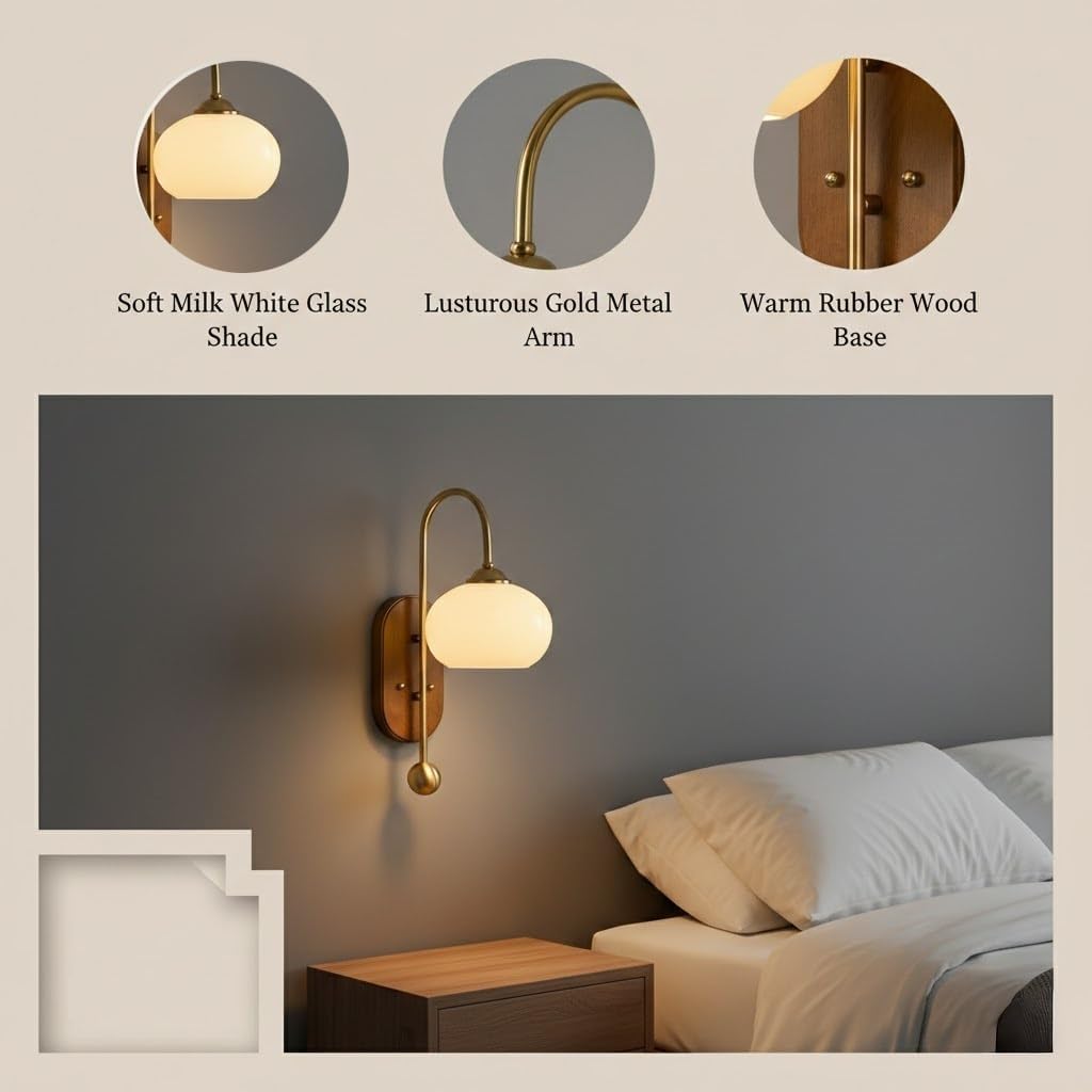 Wall Lamp, Wood Gooseneck Wall Sconce, Oval Glass Brass Wall Light for Bedroom, Bedside, Living Room, Hallway, Entryway, Corridor, Foyer, Mid Century Fixture, Loft Home, Vanity Parlor