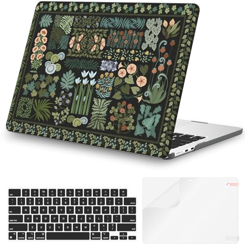 iCasso for MacBook Air 13.6 inch Case 2025 2024-2022 Release M4 M3 M2 Model A3240 A3113 A2681, Flower Pattern Sturdy Protective Hard Shell Case for Mac Book Air 13 inch + Keyboard Cover, Black Plant