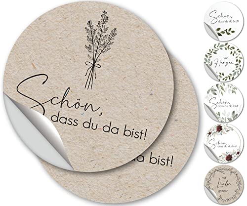 100 pegatinas con texto en alemán "Schön dass du da bist", pegatinas redondas de 4,5 cm para bodas, pegatinas de papel de hierba Cover