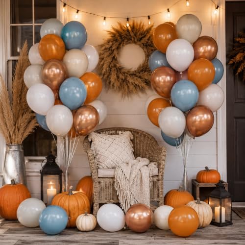 Image of Orange and Blue Balloons, 12 Inch Burnt Orange Dusty Blue Copper Balloon | Retro Fall Color Terracotta Metallic Copper Sand White Beige Latex Balloons for Boys Little Pumpkin Fall First Rodeo Western