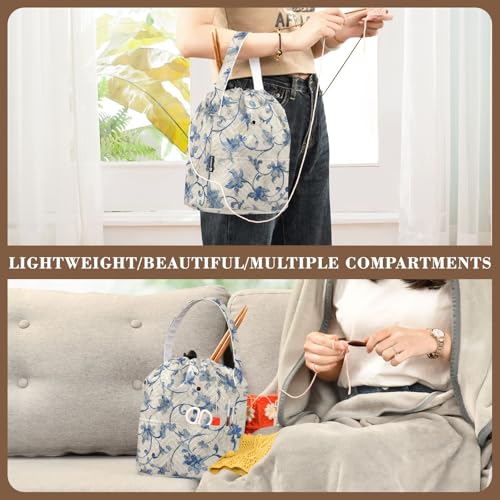 Image of Tatenale Crochet Bag Yarn Bag Knitting Project Bag with Pockets and Handle Portable Yarn Storage Organizer Tangle Free 8.3x11 InchWatercolor Blue and White Flower21