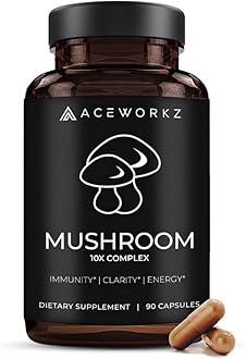 ACEWORKZ Mushroom Complex Supplement 14,500mg - Organic 10 Mushroom Blend with Lion’s Mane and BioPerine, Reishi & Cordyceps – Memory, Focus & Immune Support for Enhanced Absorption (60 Capsules)