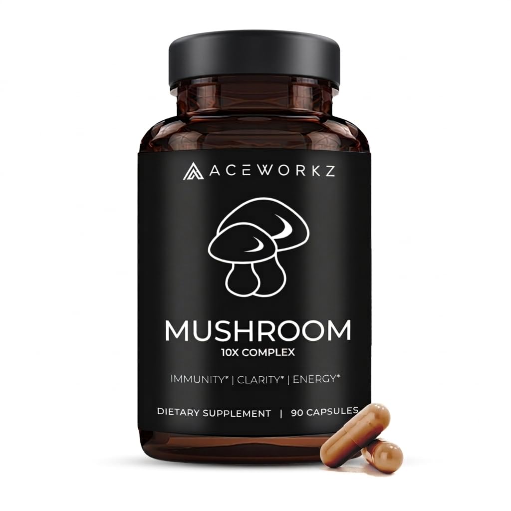ACEWORKZ Mushroom Complex Supplement 14,500mg - Organic 10 Mushroom Blend with Lion’s Mane and BioPerine, Reishi & Cordyceps – Memory, Focus & Immune Support for Enhanced Absorption (60 Capsules)