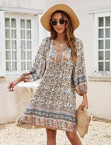 Image of Bluetime Women Casual Summer Dress Boho V Neck 3 /4 Sleeve Babydoll Floral Print Flowy Beach Dress